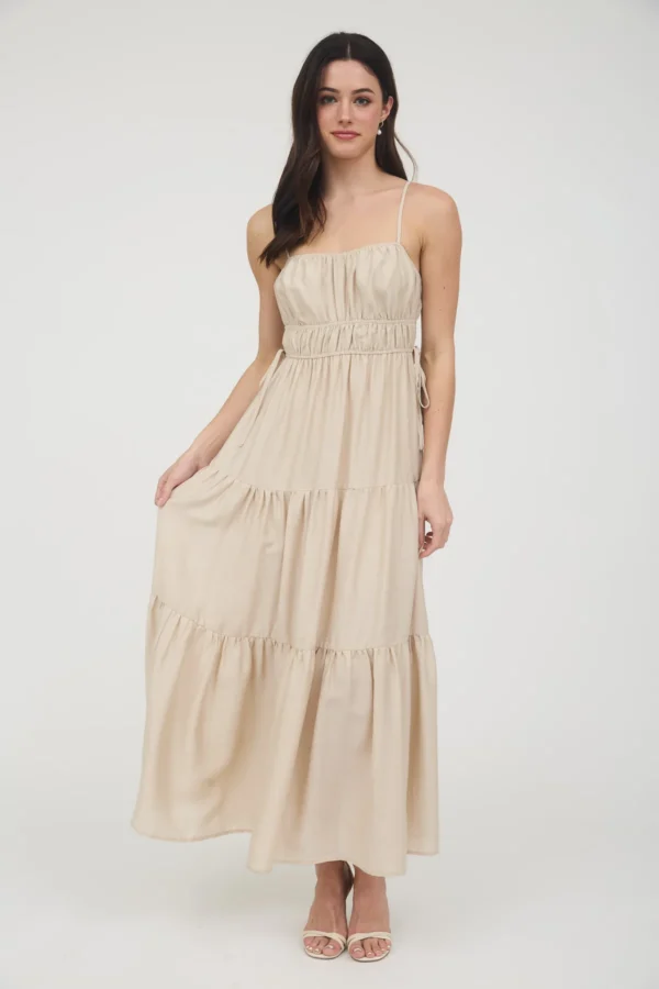 Waist tie shirred tiered midi dress
