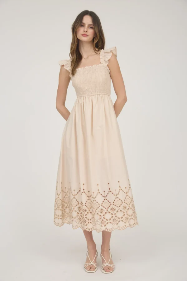 Smocked ruffle sleeve eyelet hem midi dress