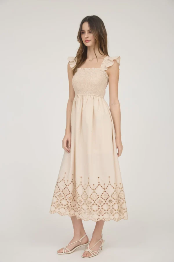 Smocked ruffle sleeve eyelet hem midi dress - Image 3
