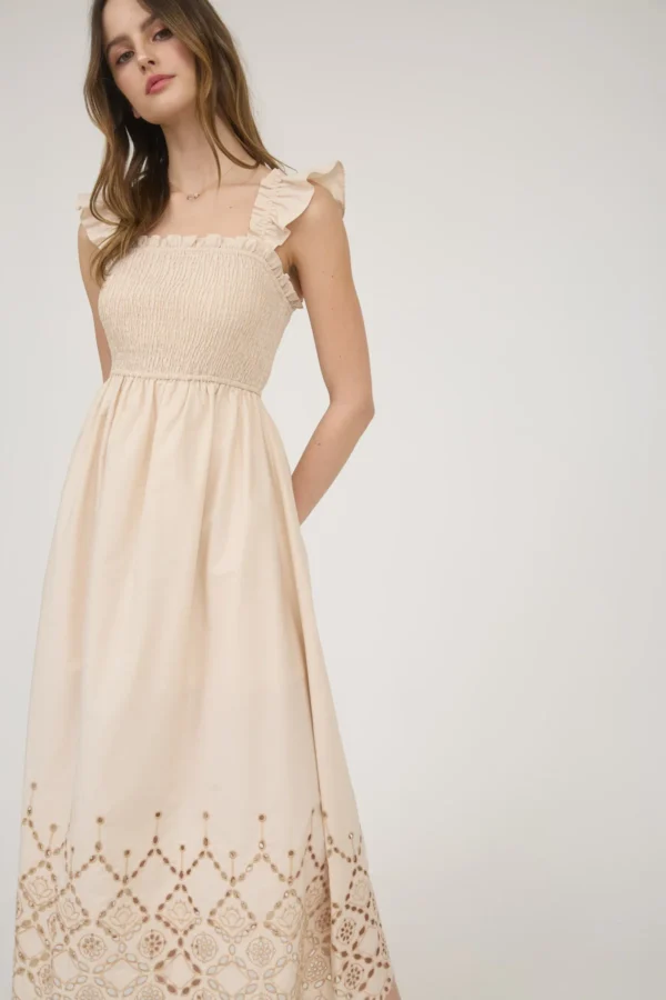 Smocked ruffle sleeve eyelet hem midi dress - Image 2