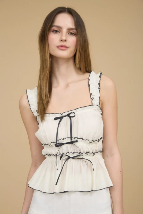 Contrast trim ruched bow detail sleeveless blouse - Image 2