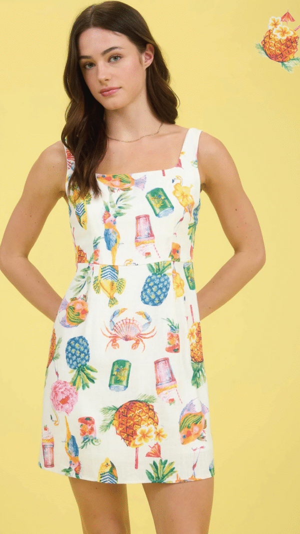 Tropical summer print sleeveless linen mini dress