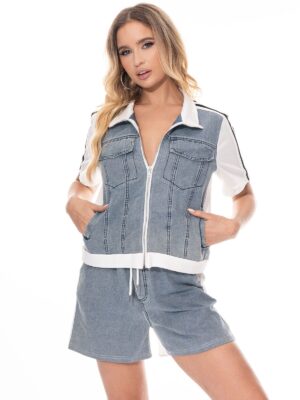 Short sleeve top & elastic waist shorts denim contrast 2PC. SET