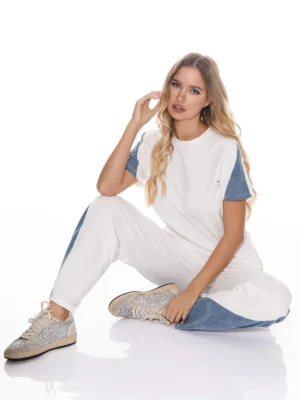 Short sleeve top & elastic waist pants denim contrast 2PC. SET