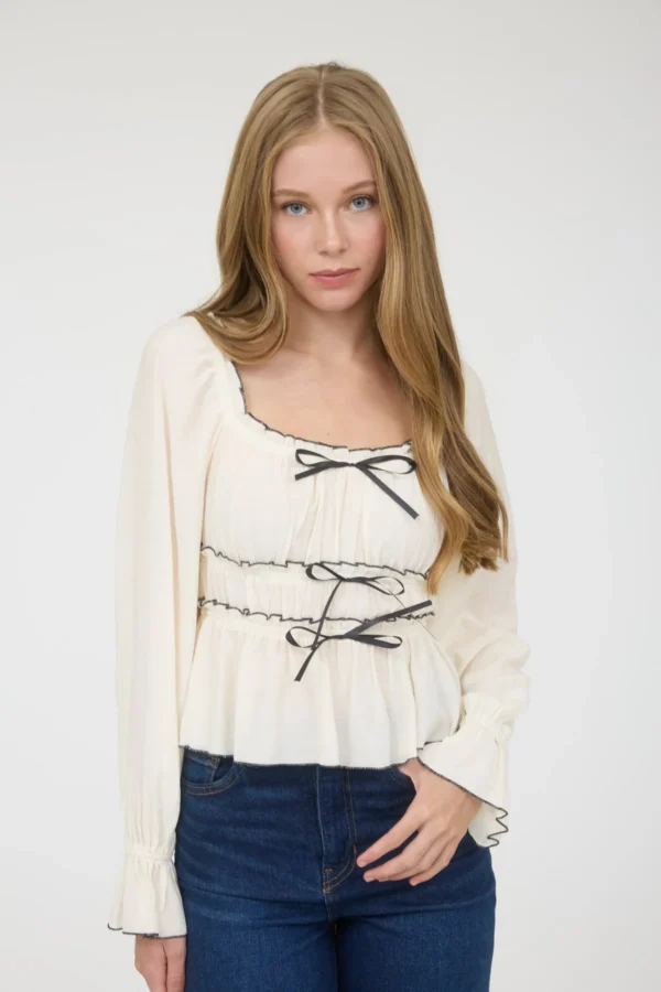 Contrast bow ruffled long sleeve blouse - Image 4