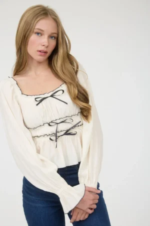 Contrast bow ruffled long sleeve blouse