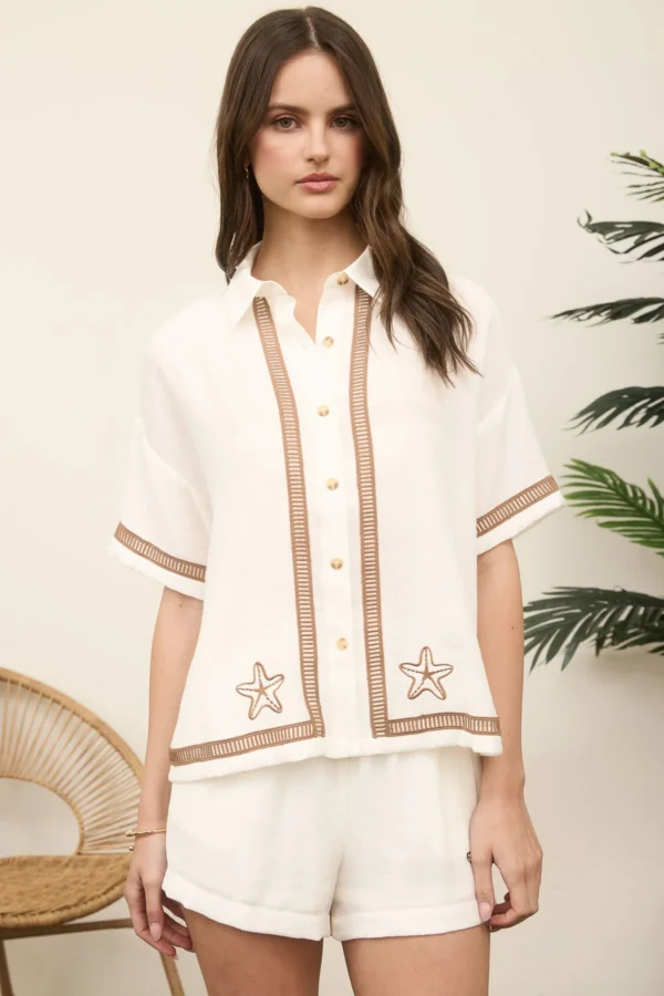 Starfish embroidery detail button down shirt and short set - Image 4