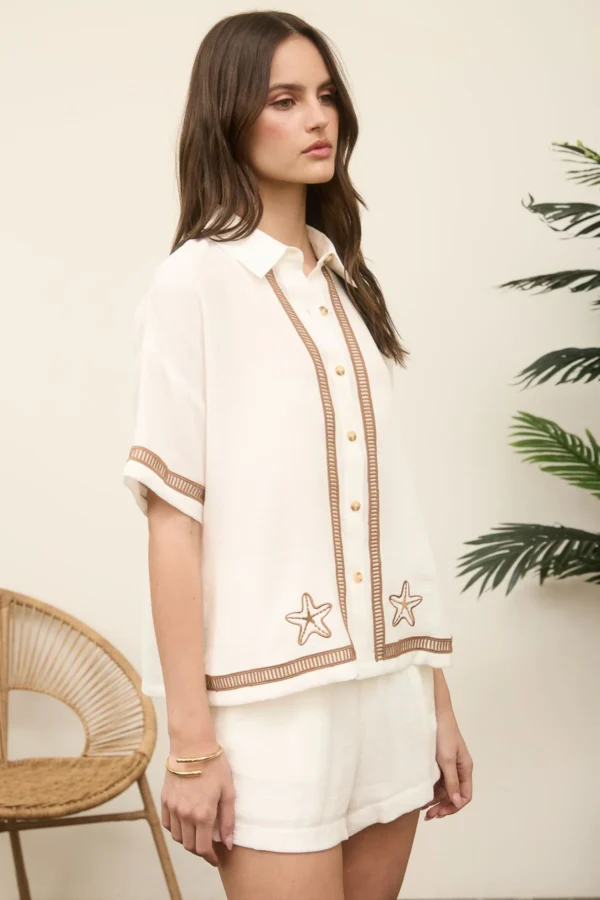 Starfish embroidery detail button down shirt and short set - Image 3