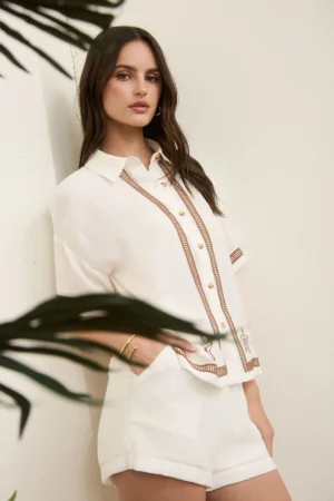 Starfish embroidery detail button down shirt and short set