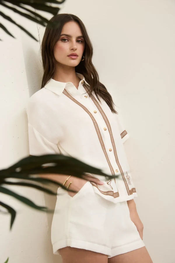 Starfish embroidery detail button down shirt and short set