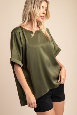 Crew Neck Sleeve Cuffs Oversized Satin Blouse