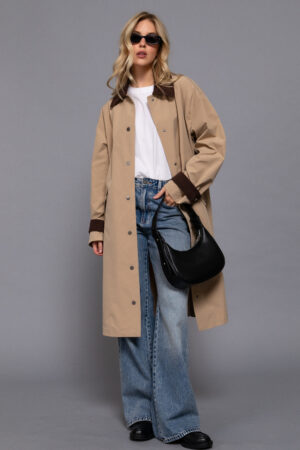 Contrast collar long trench coat
