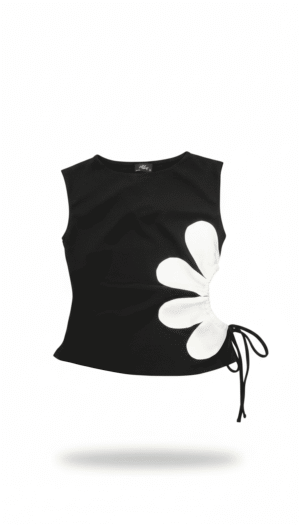 Black Waist Cutout Flower Color Block Mockneck Sleeveless