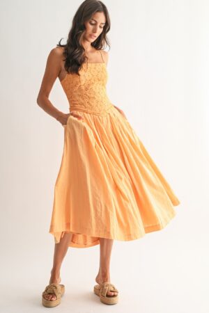 Elegant Blue Eyelet Lace Midi Dress