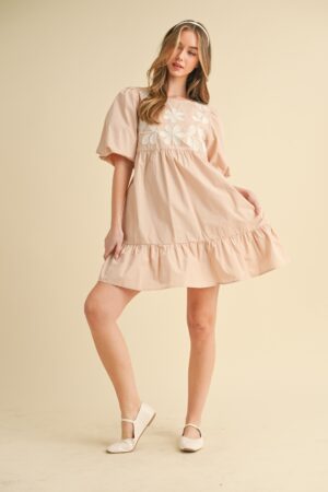 Double Puff Sleeve Shirred A-line Midi Dress