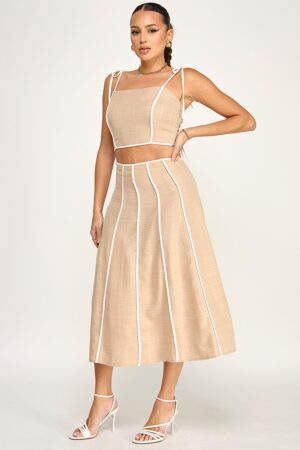 Contrast Pipping Shoulder Tie Top With Midi Skirt Set