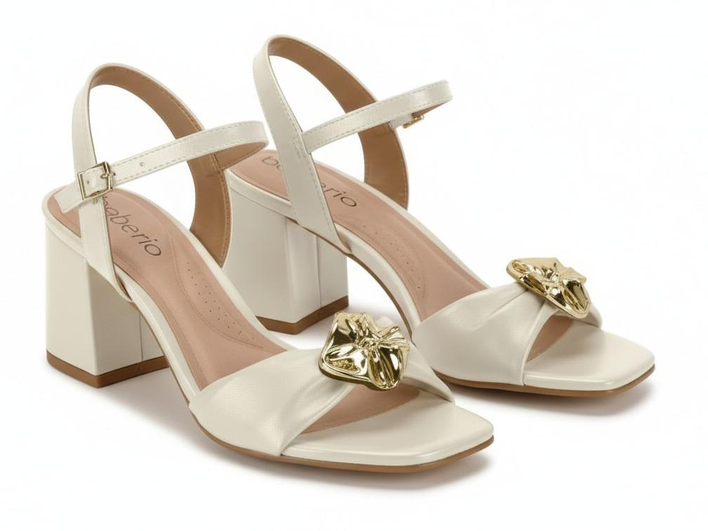 Beira Rio Conforto Women's Block Heel Sandals Off-White with Gold Ornament Detail Salto Bloco. Comfortable & Stylish