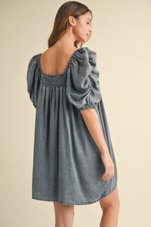 Puffed Sleeve Denim Dress