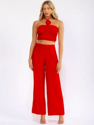 HALTER NECK CROP TOP & BUTTON CLOSURE WIDE LEG PANTS CROCHET 2PC. SET