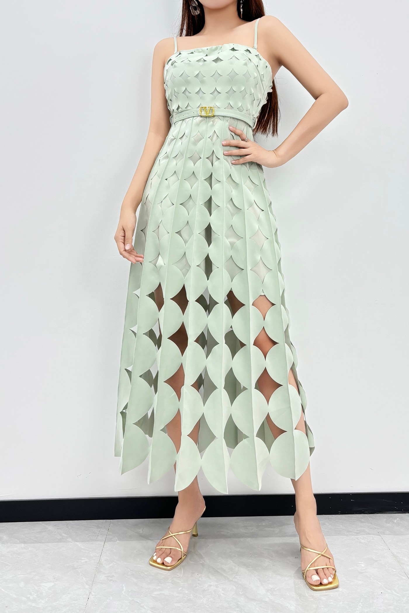 Mint Laser-Cut Pleated Maxi Dress - Image 8