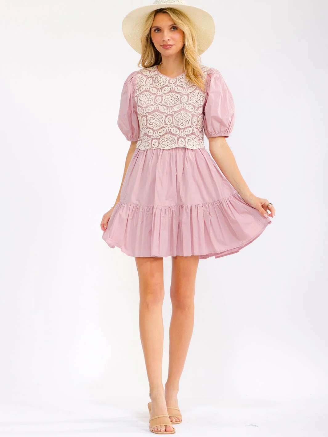 Short puff sleeve pockets crochet fit & flare mini dress - Image 2