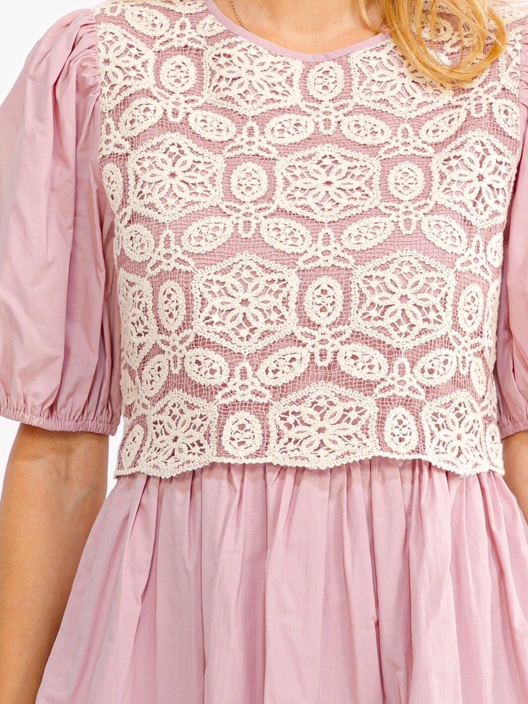Short puff sleeve pockets crochet fit & flare mini dress - Image 3