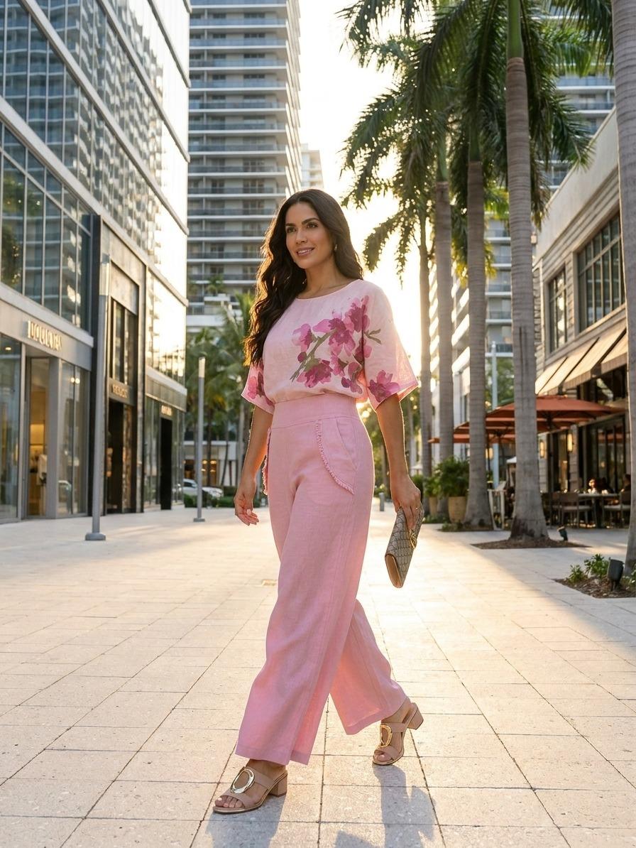 ESYAZO Italian Linen Floral 2-Piece Set – Premium Long Sleeve Blouse & Wide-Leg Trousers - Image 4