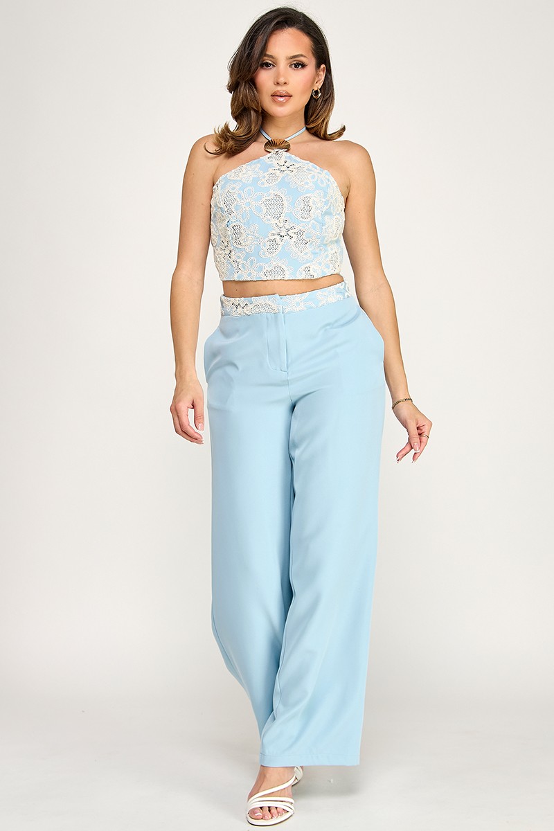 Elegant Halter Neck Crop Top with Floral Lace Design - Image 2