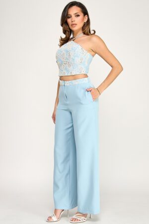 Elegant Halter Neck Crop Top with Floral Lace Design