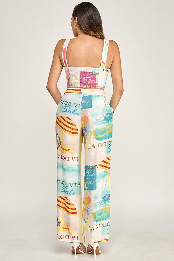 Colorful Paris Print Crop Top & High-Waisted Pants Set - Image 4