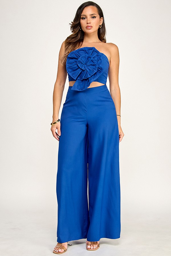 Blue Strapless Ruffled Top and Wide Leg Pants Set