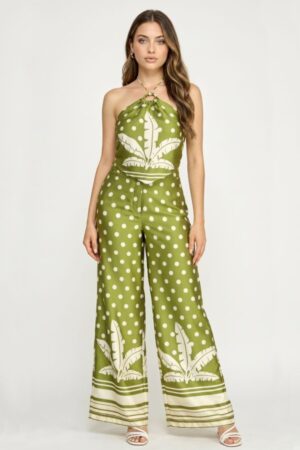 Green Polka Dot 2 PC set  with Leaf Print and Wide Leg Design