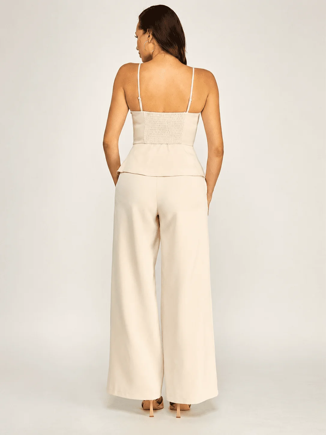 SLEEVELESS V-NECK PEPLUM TOP & ZIP UP POCKETS WIDE LEG PANTS 2PC. SET - Image 3