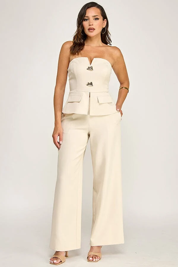 SLEEVELESS V-NECK PEPLUM TOP & ZIP UP POCKETS WIDE LEG PANTS 2PC. SET - Image 2