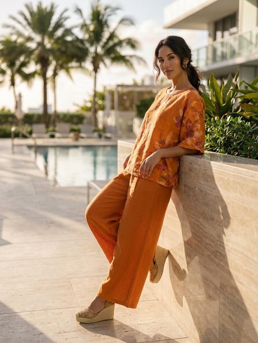 ESYAZO Italian Linen Floral 2-Piece Set – Premium Long Sleeve Blouse & Wide-Leg Trousers - Image 6