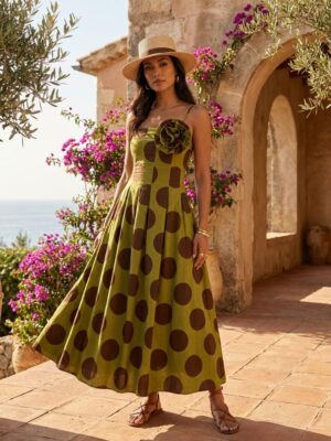 ESYAZO Polka Dot Strapless Maxi Dress – Premium One-Size 3D Rose
