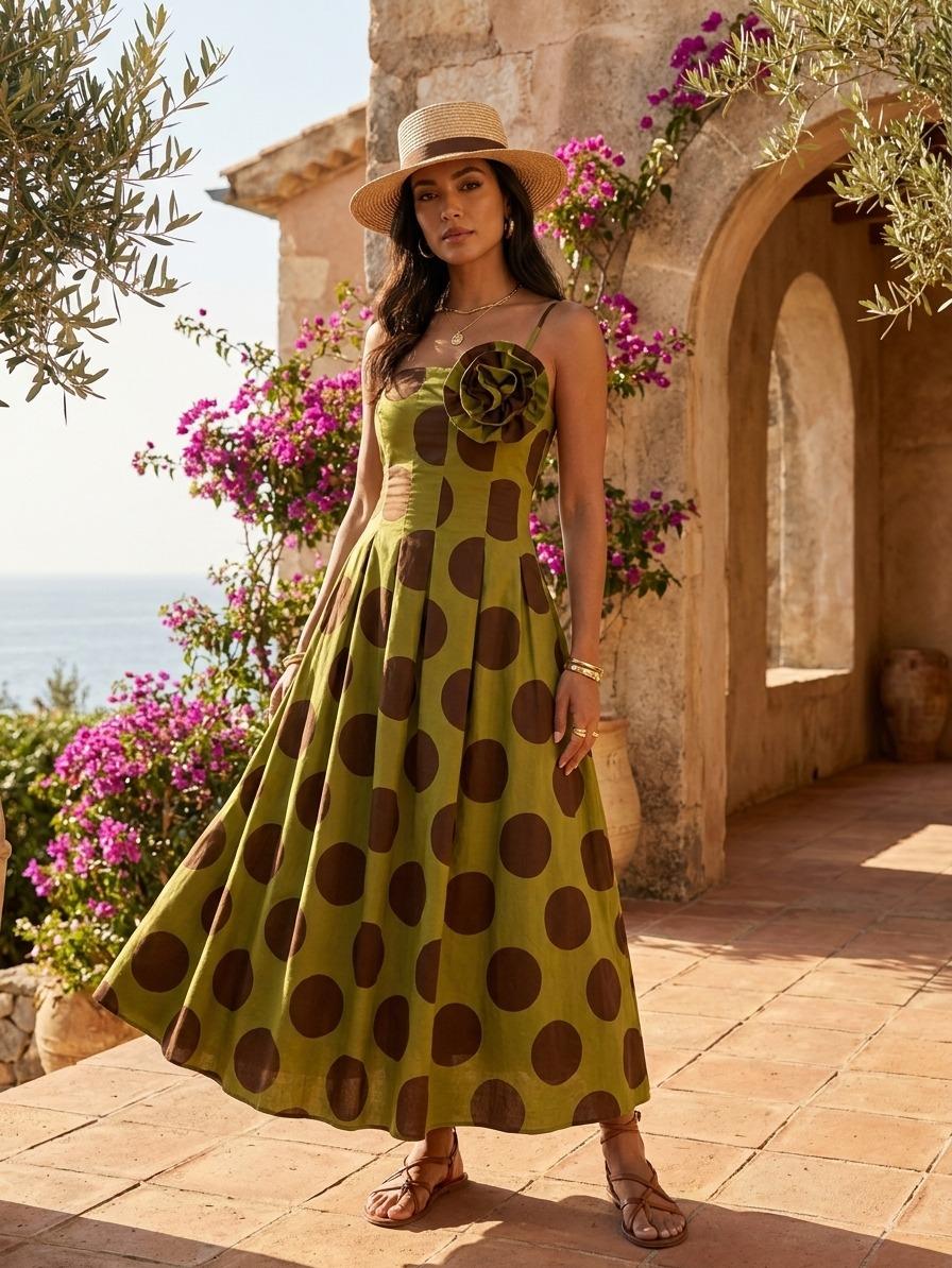ESYAZO Polka Dot Strapless Maxi Dress – Premium One-Size 3D Rose