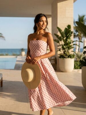 ESYAZO Italian Polka Dot Strapless One-Size Belted Dress