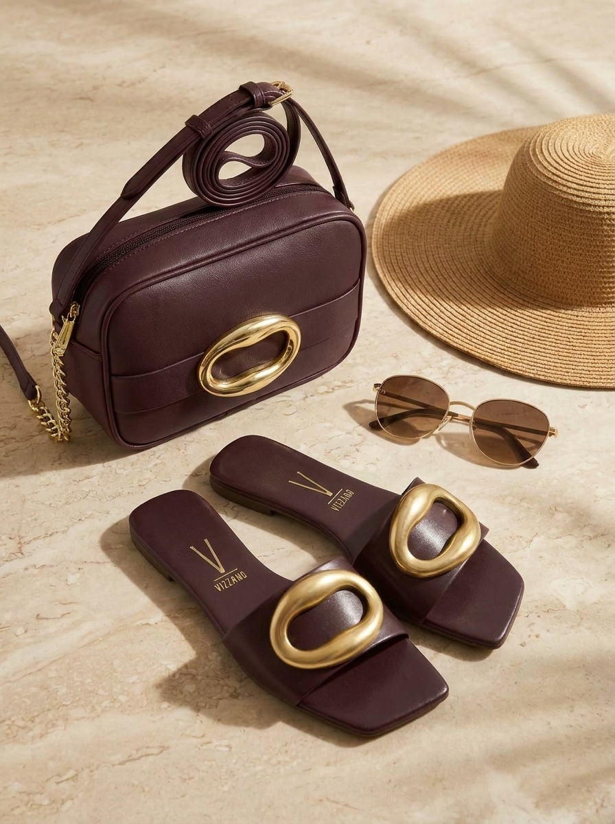 Elegant Sandals with Gold Buckle and Matching Handbag for Women