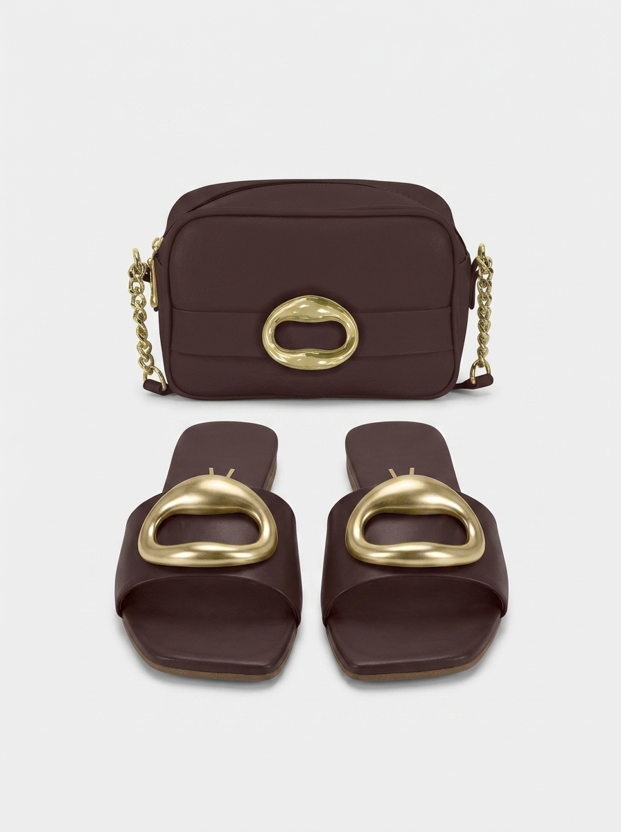 Elegant Sandals with Gold Buckle and Matching Handbag for Women - Image 2