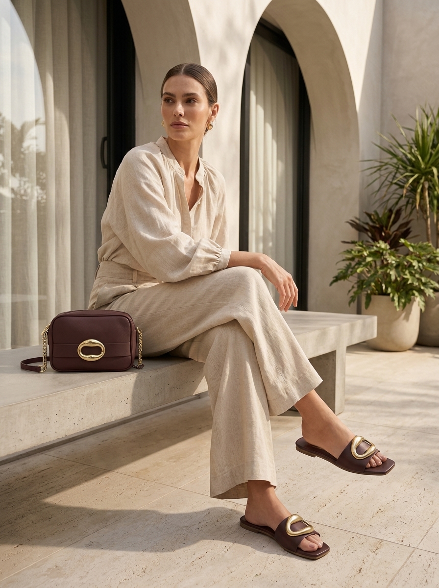 Elegant Sandals with Gold Buckle and Matching Handbag for Women - Image 6