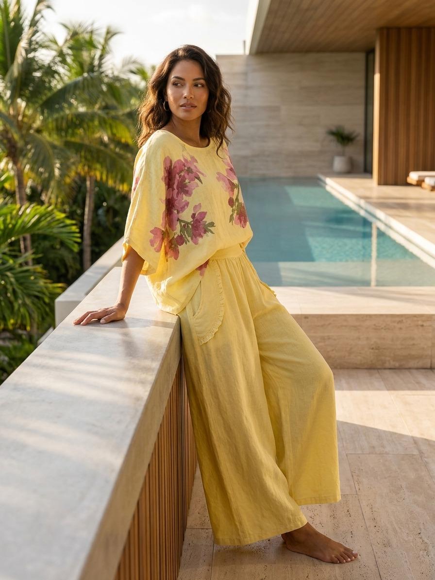 ESYAZO Italian Linen Floral 2-Piece Set – Premium Long Sleeve Blouse & Wide-Leg Trousers - Image 8