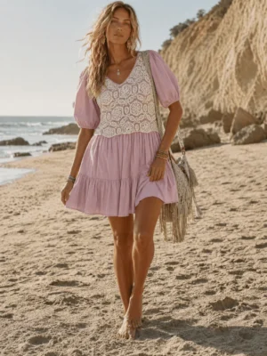 Short puff sleeve pockets crochet fit & flare mini dress